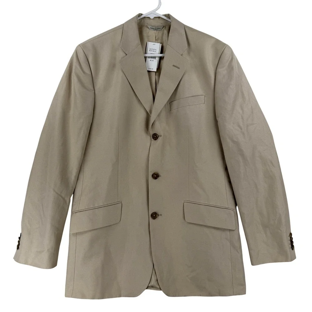 Banana Republic Blazer Mens 40R Beige Cotton Linen 3‎ Button Sport Coat Jacket